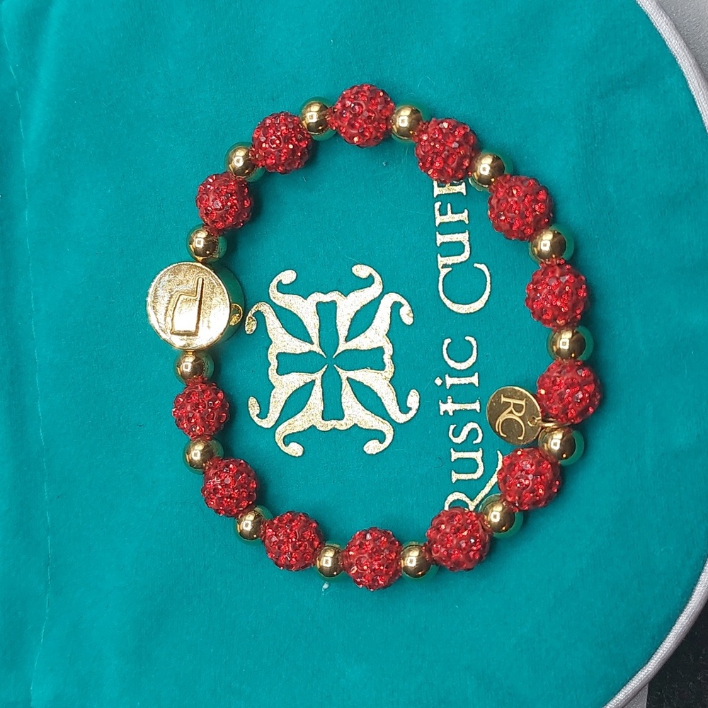Rustic Cuff OKLAHOMA Sparkling Red Shamballa and Gold Tone Stretch Bead Bracelet